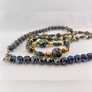 1950s Cobalt Copper Sky Blue Gold Colors Vintage Beaded Necklace!